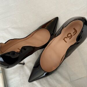 FSJ Glossy Black Heels for Women